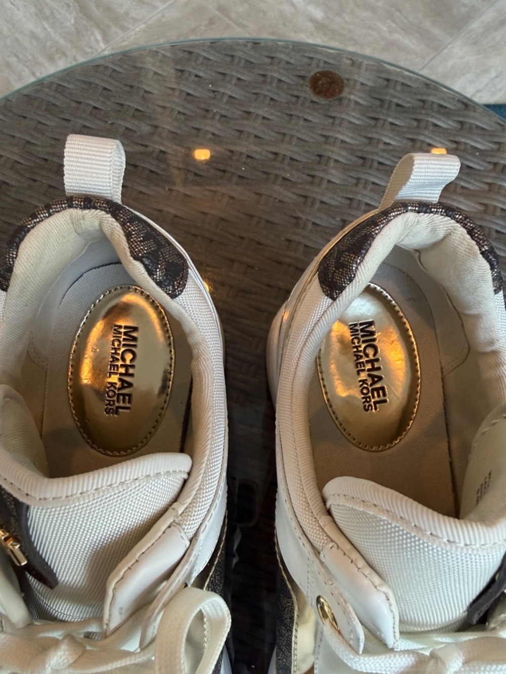 Michael Kors White Sneakers with Brown Logo Panels and Gold Accents - Picture 5 of 7